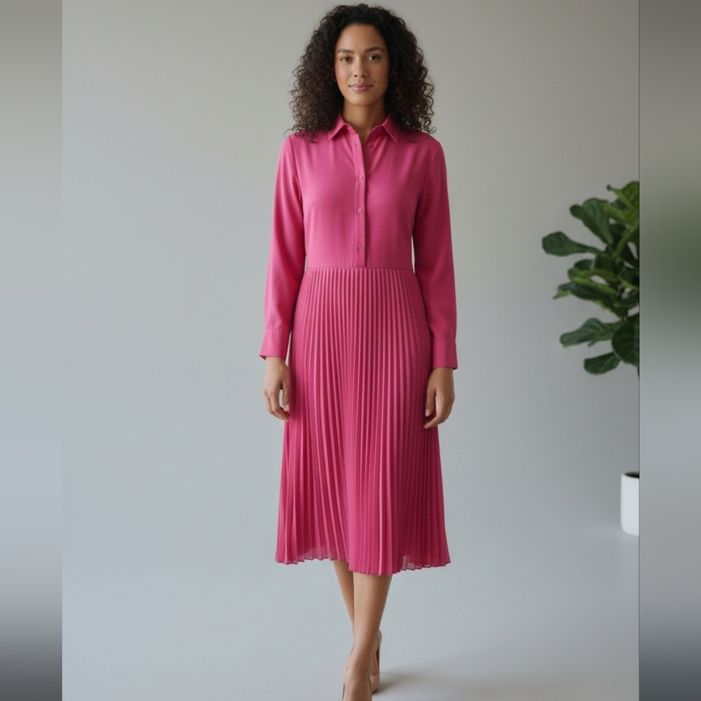 Banana Republic Barbie Pink Pleated Long Sleeve Dress Sz 2